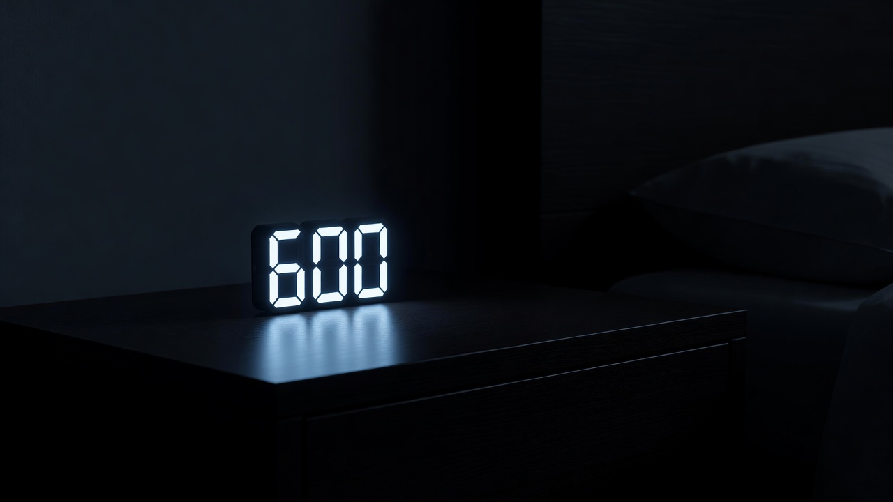 Minimalist digital clock glowing on a dark bedside table