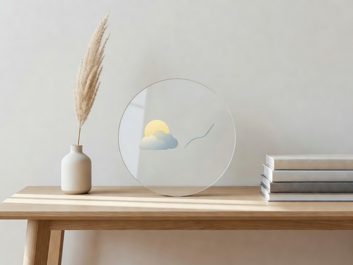 Modern smart clock displaying weather and time alongside minimalist decor