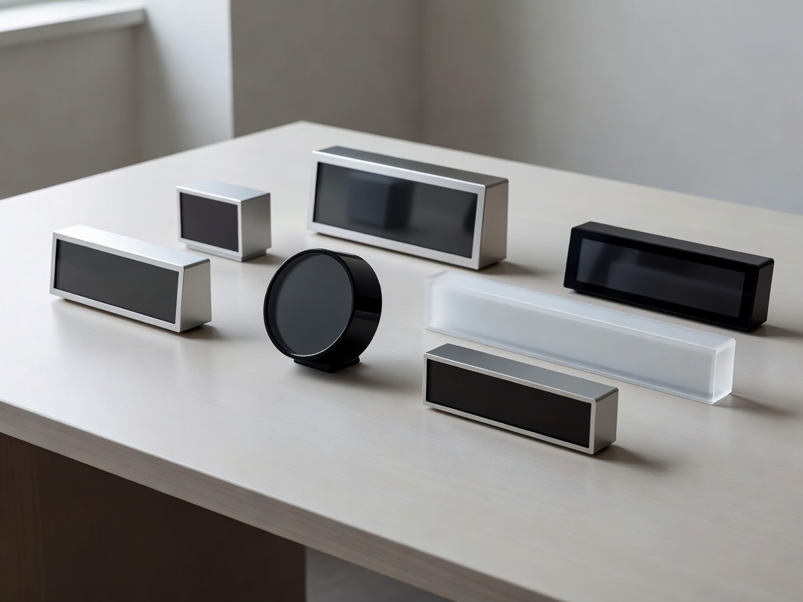 Multiple digital clocks of different shapes and sizes on a minimalist desk