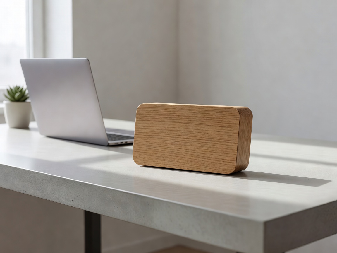 Wooden finish minimalist digital desk clock on a clean modern workspace